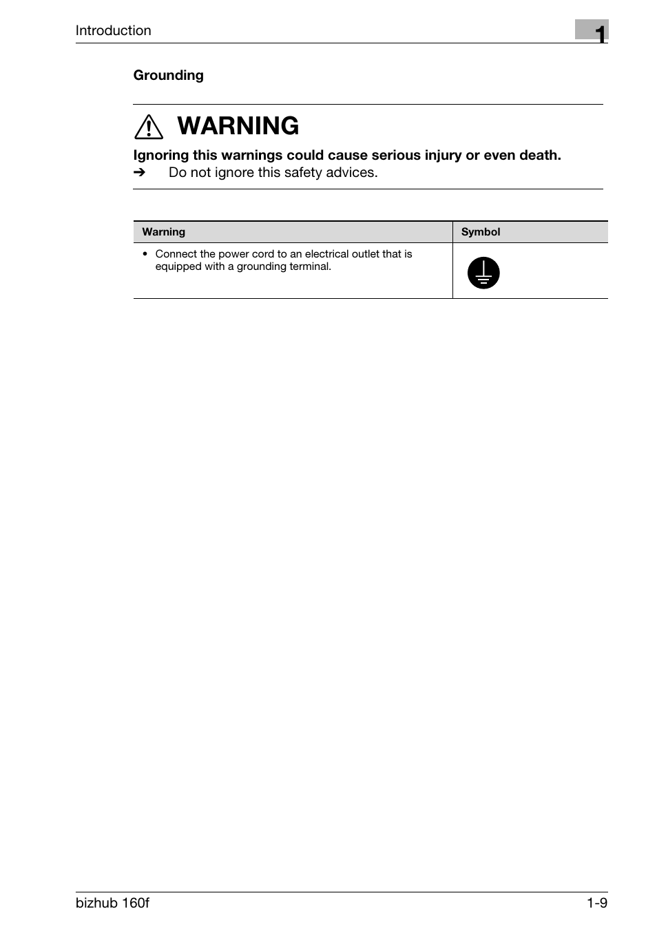 Grounding, Grounding -9, 7 warning | Konica Minolta bizhub 160f User Manual | Page 23 / 302