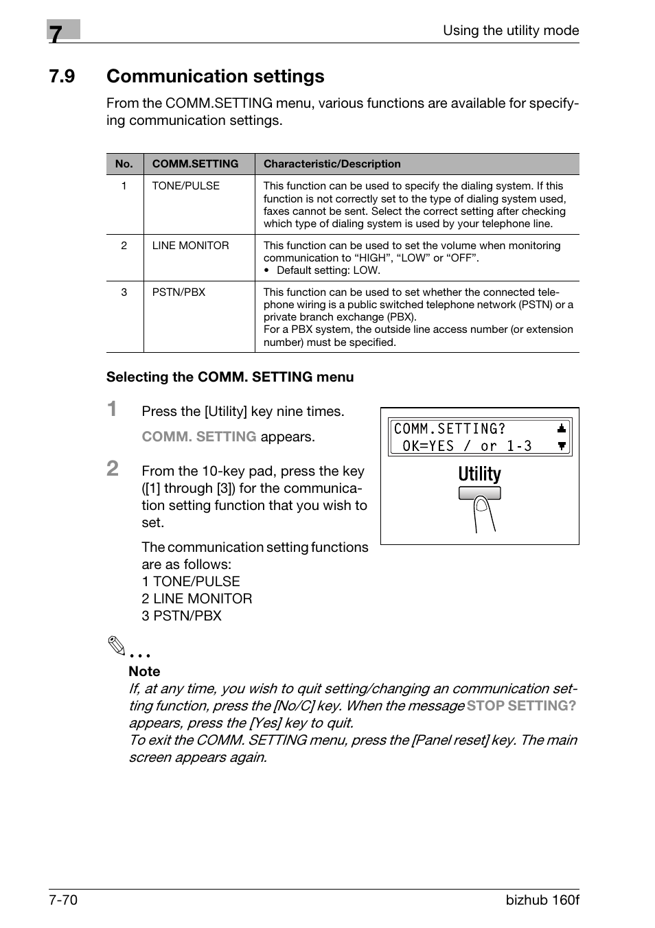 9 communication settings, Selecting the comm. setting menu, Communication settings -70 | Selecting the comm. setting menu -70 | Konica Minolta bizhub 160f User Manual | Page 234 / 302