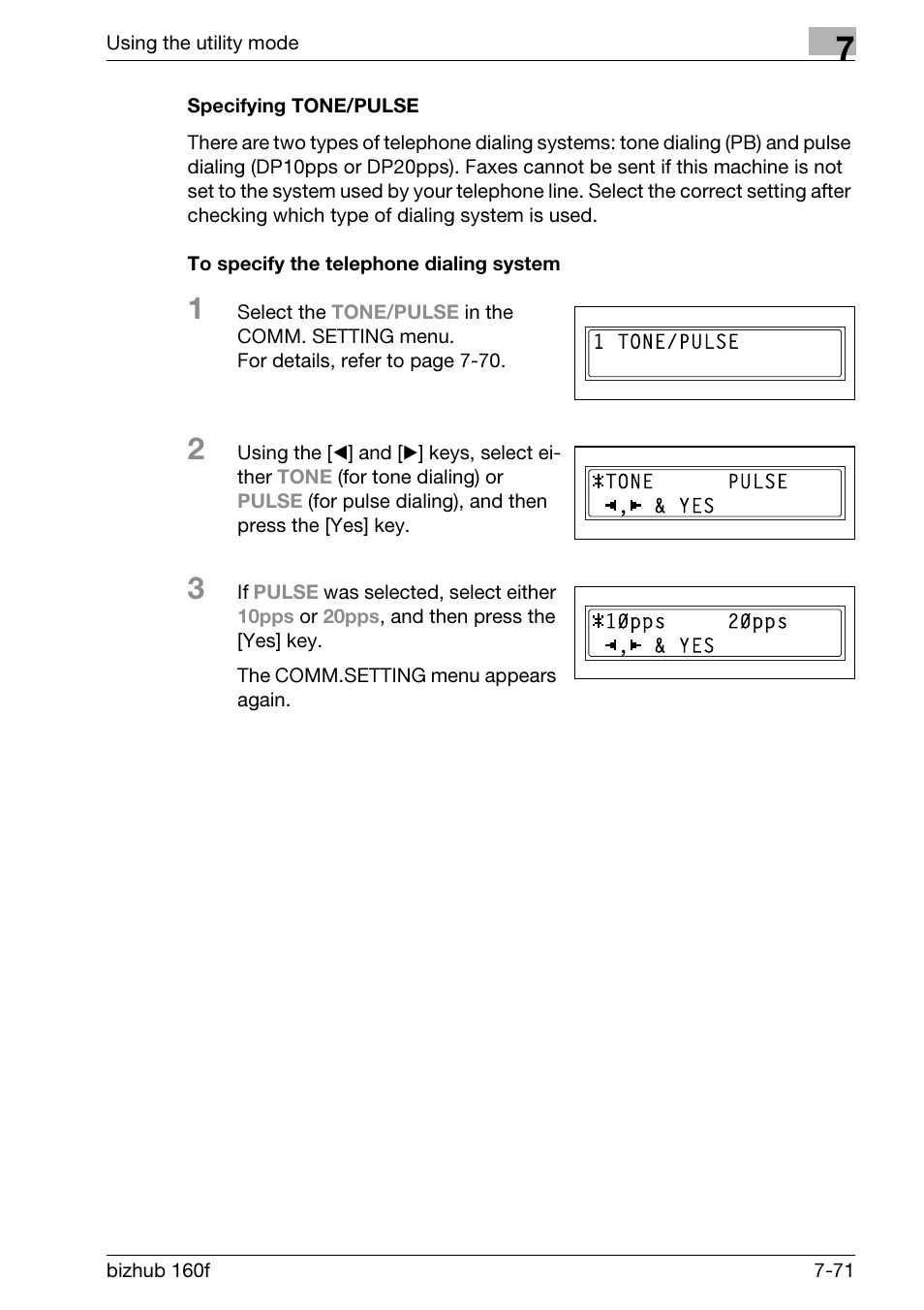 Specifying tone/pulse, To specify the telephone dialing system | Konica Minolta bizhub 160f User Manual | Page 235 / 302