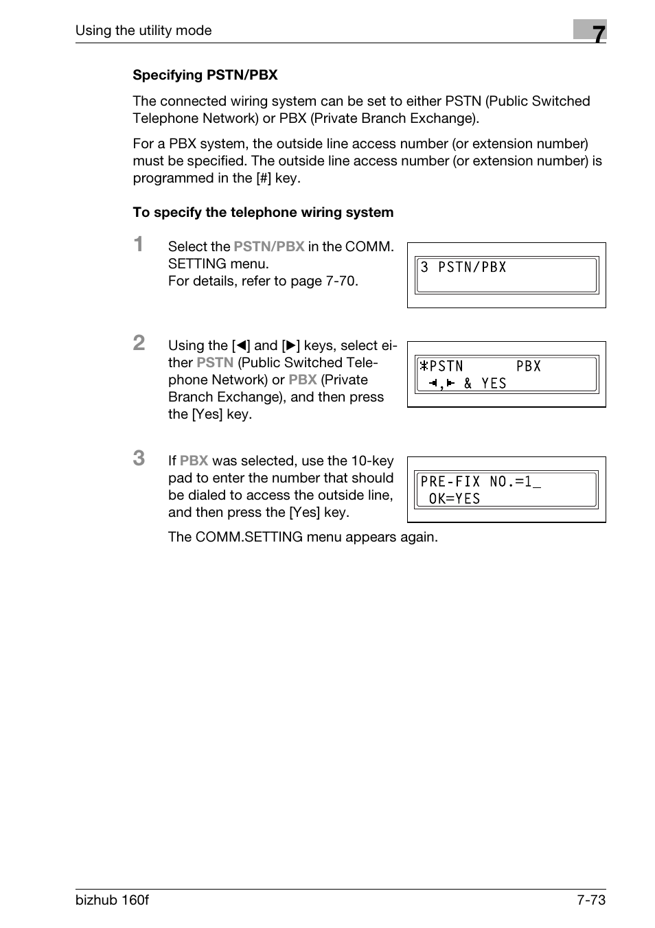 Specifying pstn/pbx, To specify the telephone wiring system | Konica Minolta bizhub 160f User Manual | Page 237 / 302