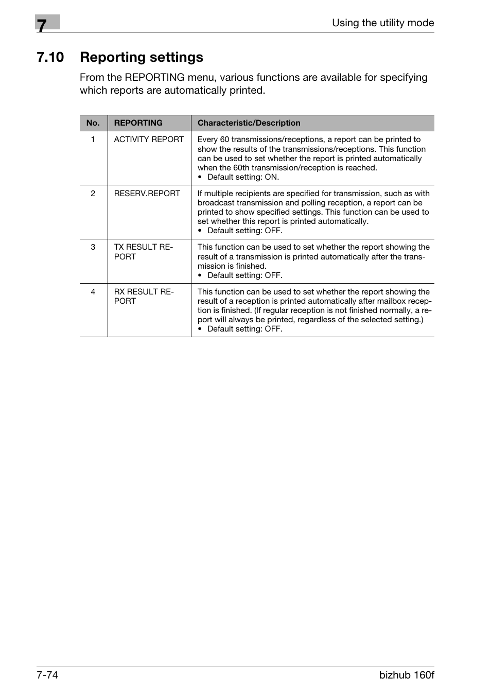 10 reporting settings, Reporting settings -74 | Konica Minolta bizhub 160f User Manual | Page 238 / 302