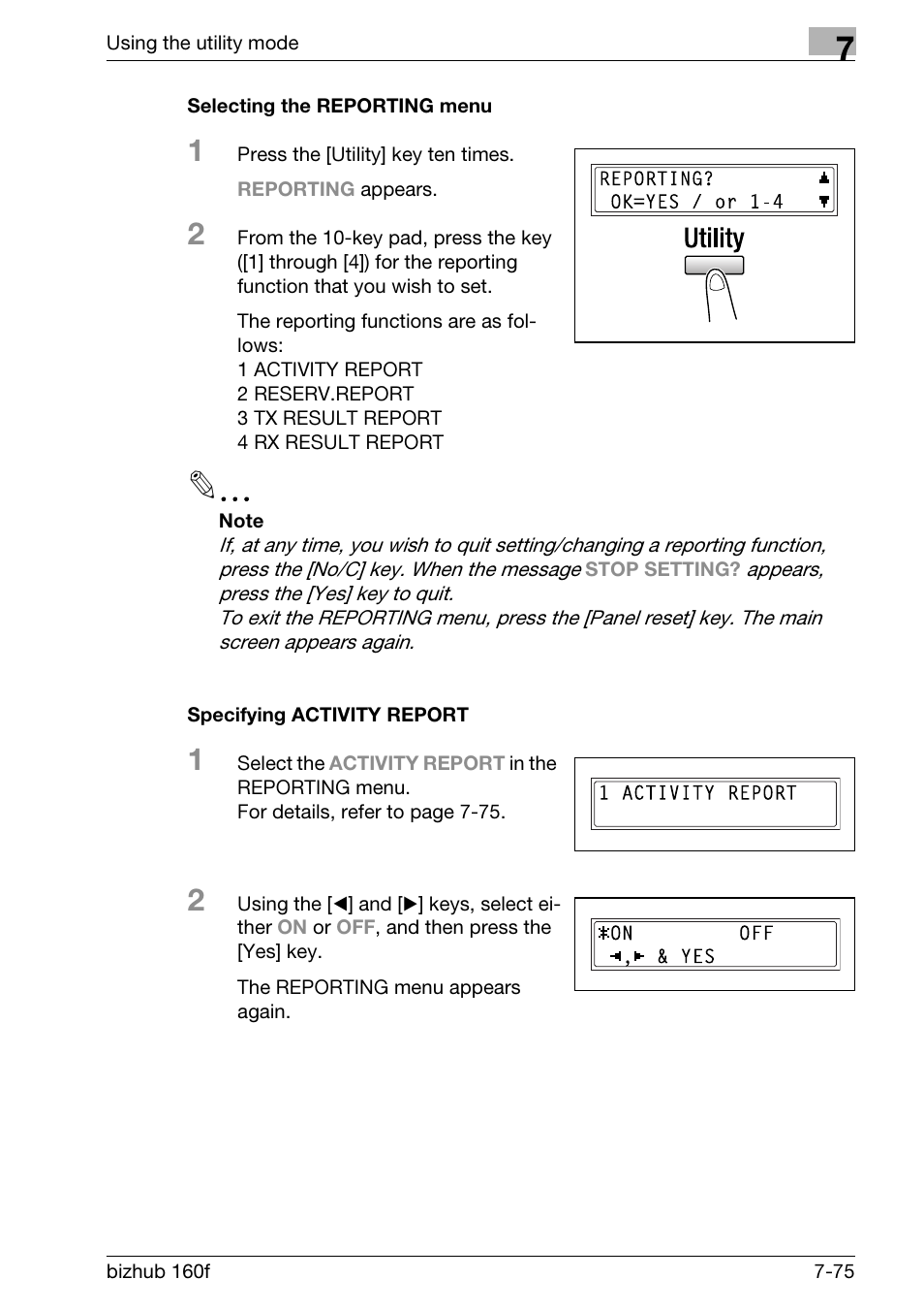 Selecting the reporting menu, Specifying activity report | Konica Minolta bizhub 160f User Manual | Page 239 / 302