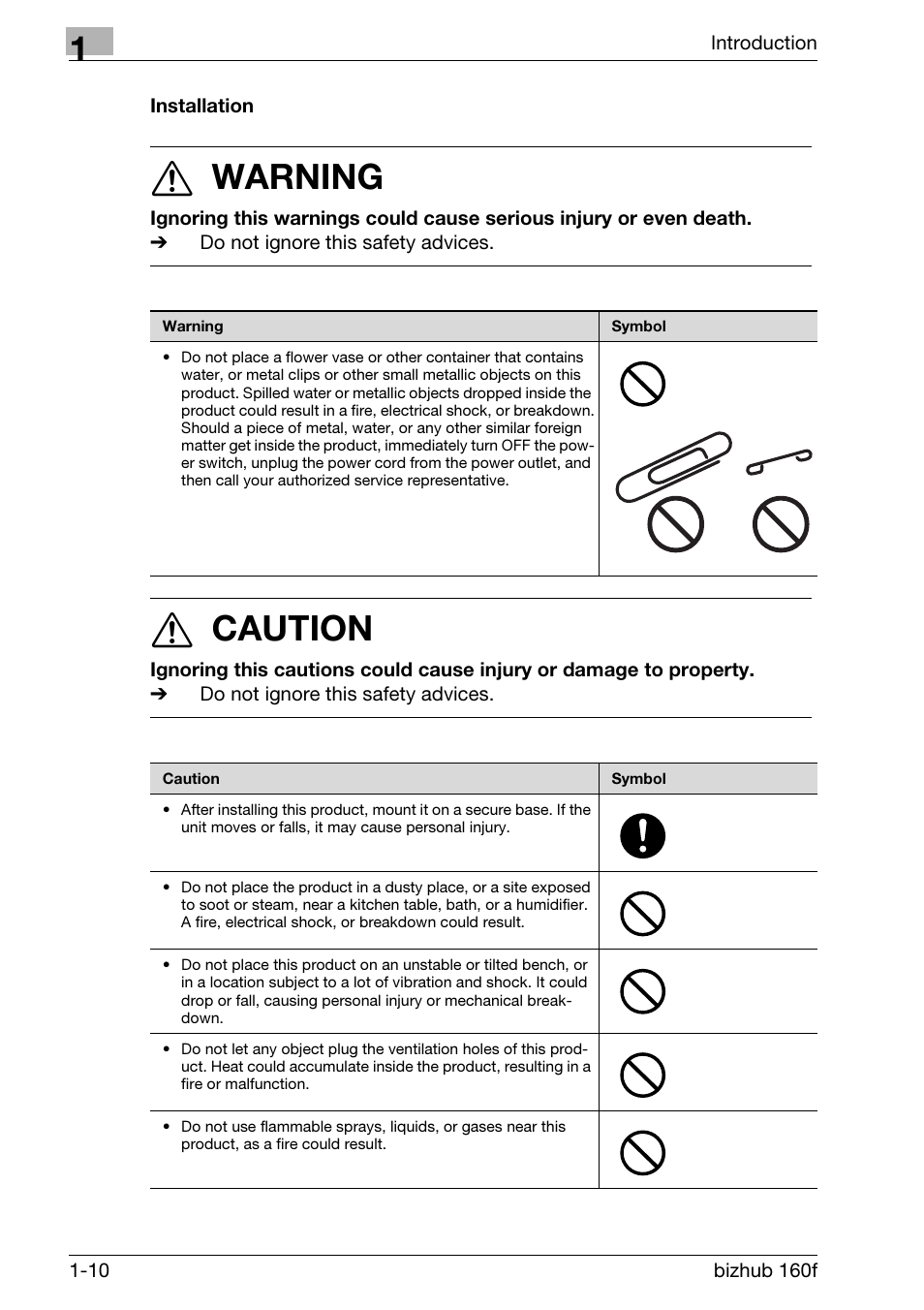Installation, Installation -10, 7 warning | 7 caution | Konica Minolta bizhub 160f User Manual | Page 24 / 302