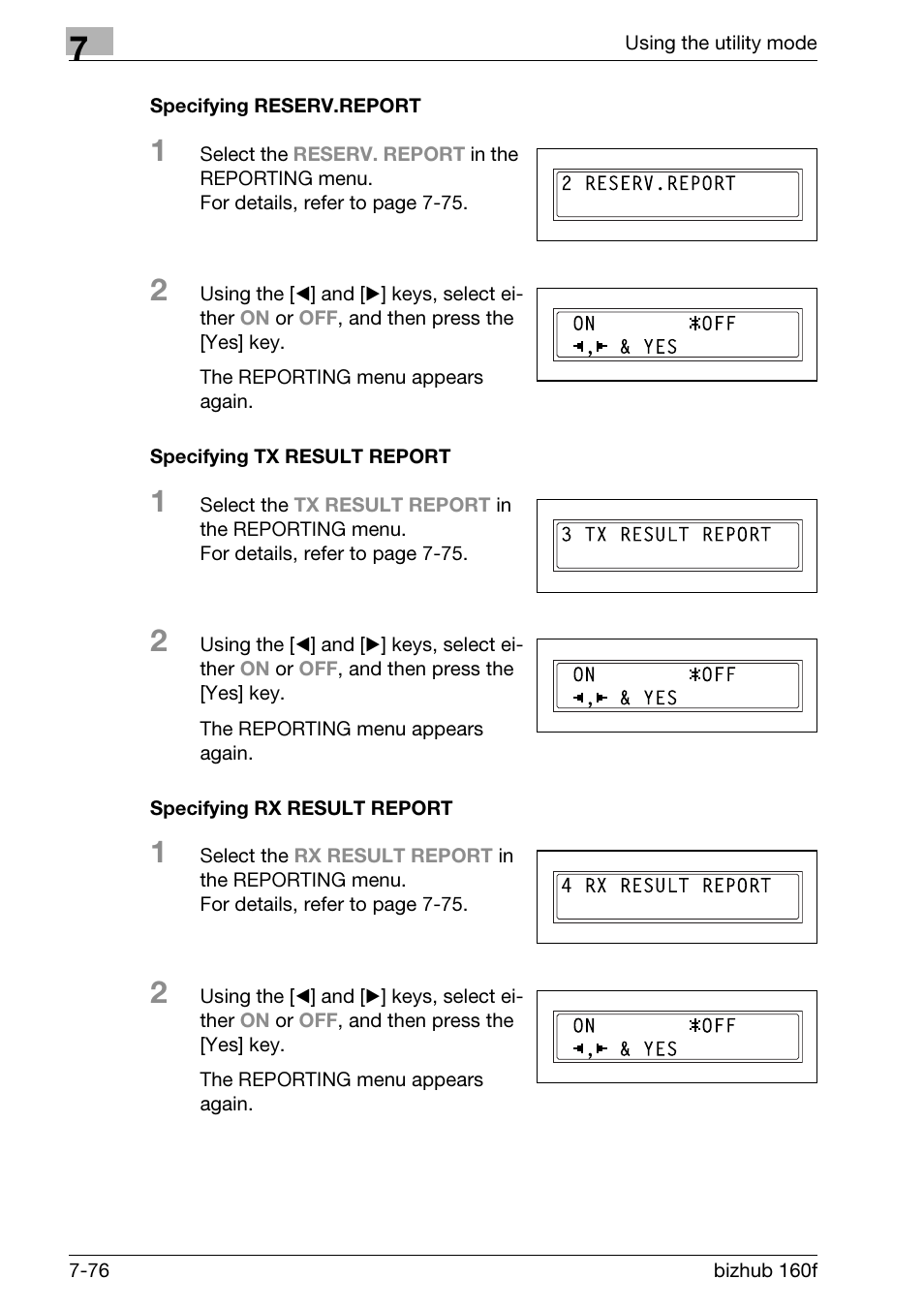 Specifying reserv.report, Specifying tx result report, Specifying rx result report | P. 7-76) | Konica Minolta bizhub 160f User Manual | Page 240 / 302