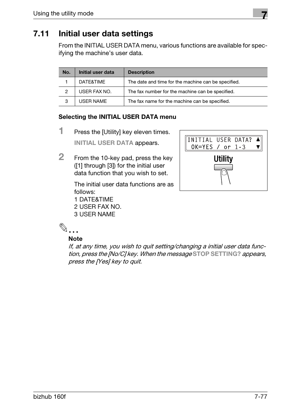 11 initial user data settings, Selecting the initial user data menu, Initial user data settings -77 | Selecting the initial user data menu -77 | Konica Minolta bizhub 160f User Manual | Page 241 / 302