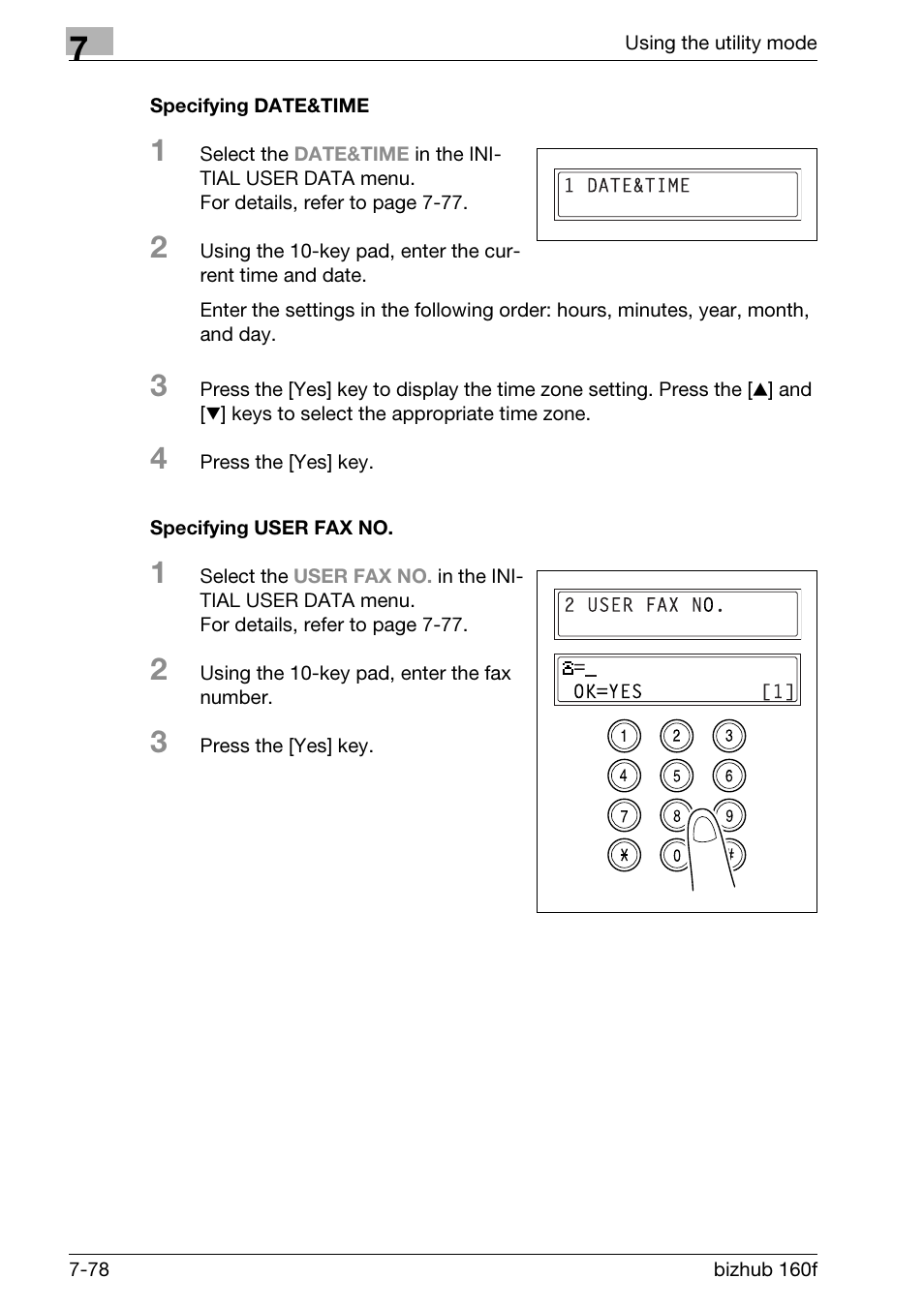 Specifying date&time, Specifying user fax no | Konica Minolta bizhub 160f User Manual | Page 242 / 302