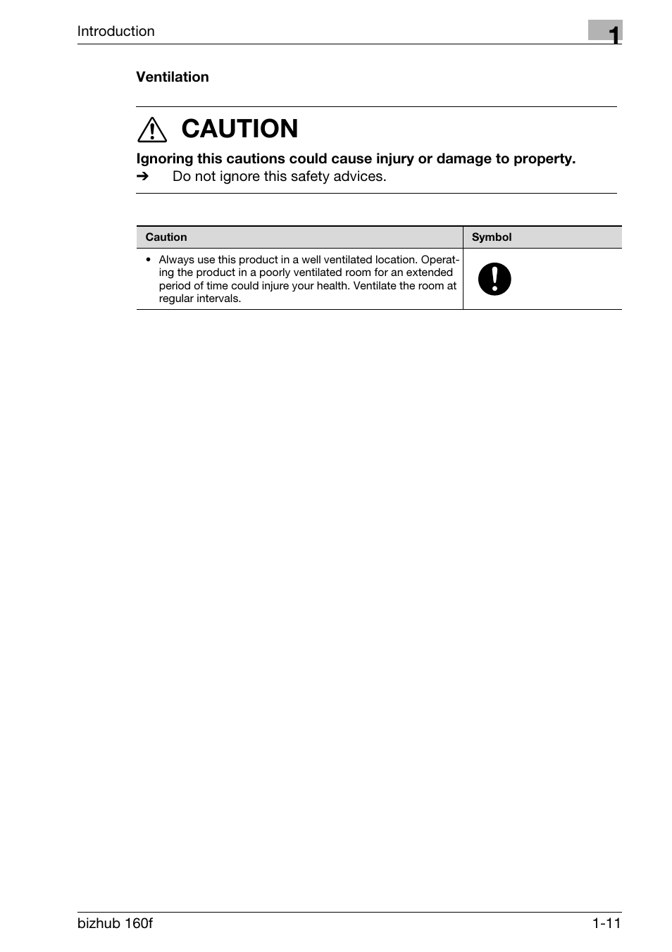 Ventilation, Ventilation -11, 7 caution | Konica Minolta bizhub 160f User Manual | Page 25 / 302