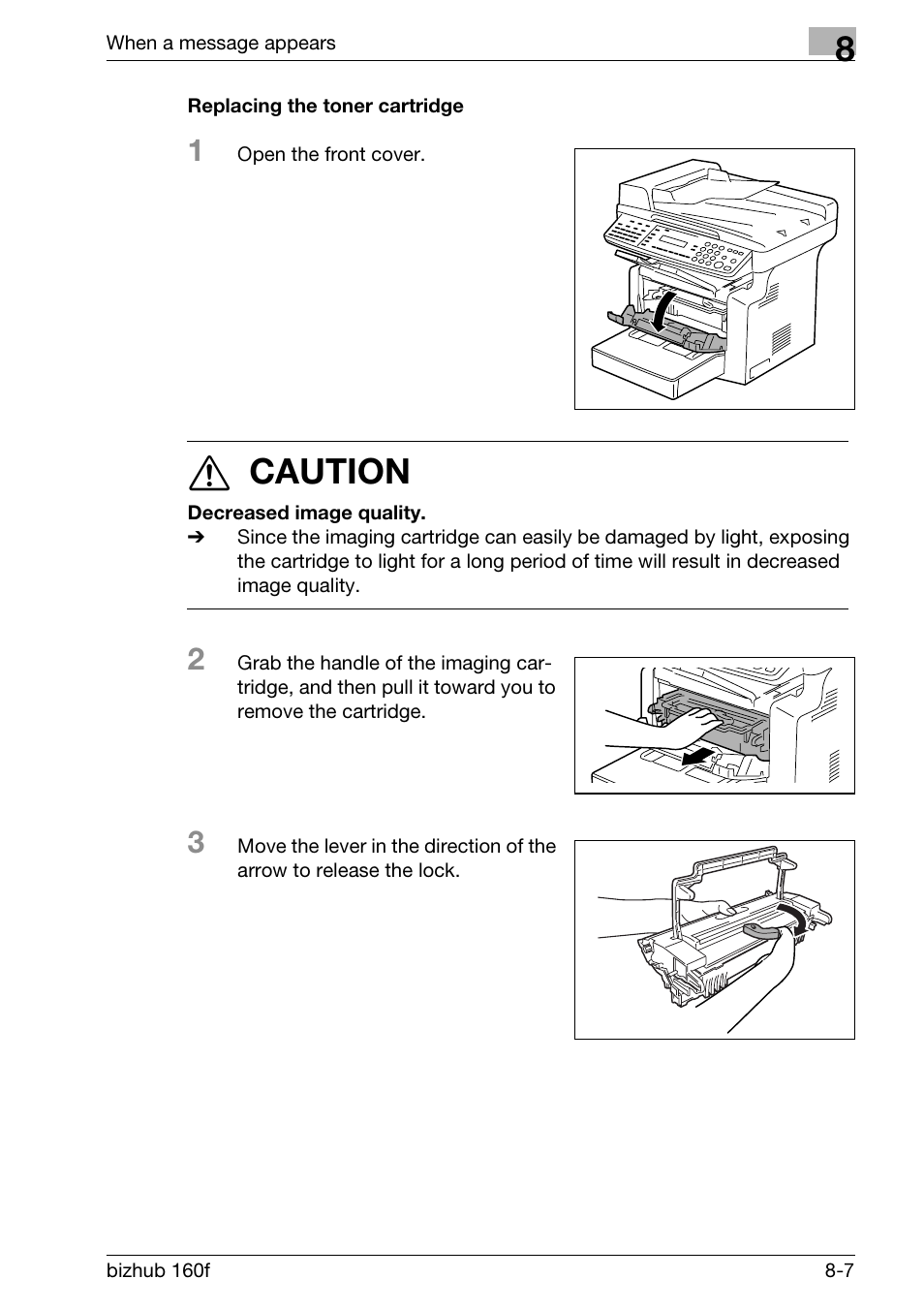 Replacing the toner cartridge, Replacing the toner cartridge -7, 7 caution | Konica Minolta bizhub 160f User Manual | Page 251 / 302