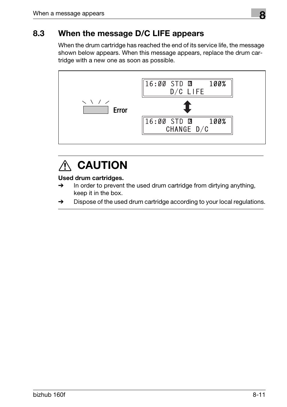 3 when the message d/c life appears, When the message d/c life appears -11, 7 caution | Konica Minolta bizhub 160f User Manual | Page 255 / 302
