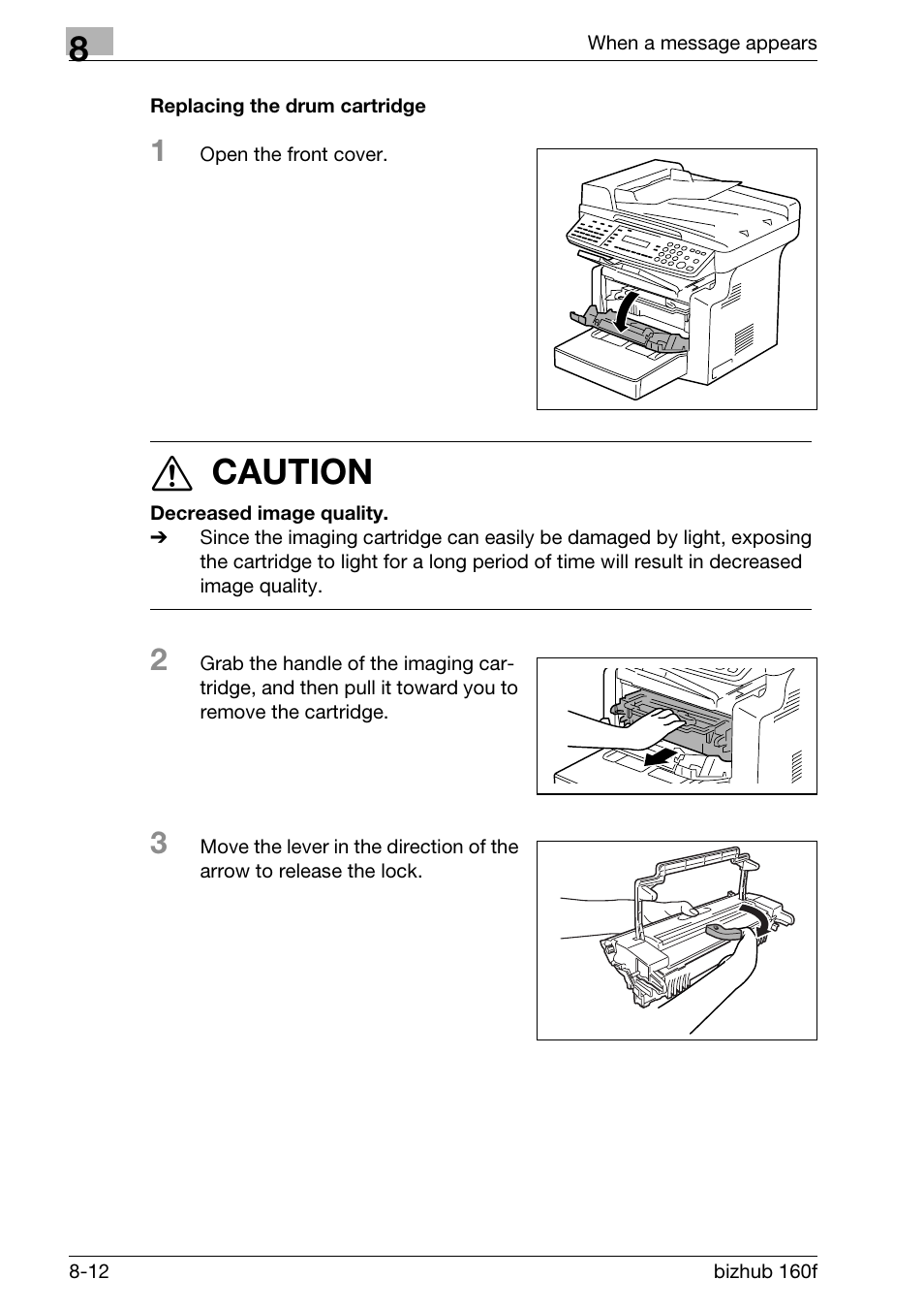 Replacing the drum cartridge, Replacing the drum cartridge -12, 7 caution | Konica Minolta bizhub 160f User Manual | Page 256 / 302