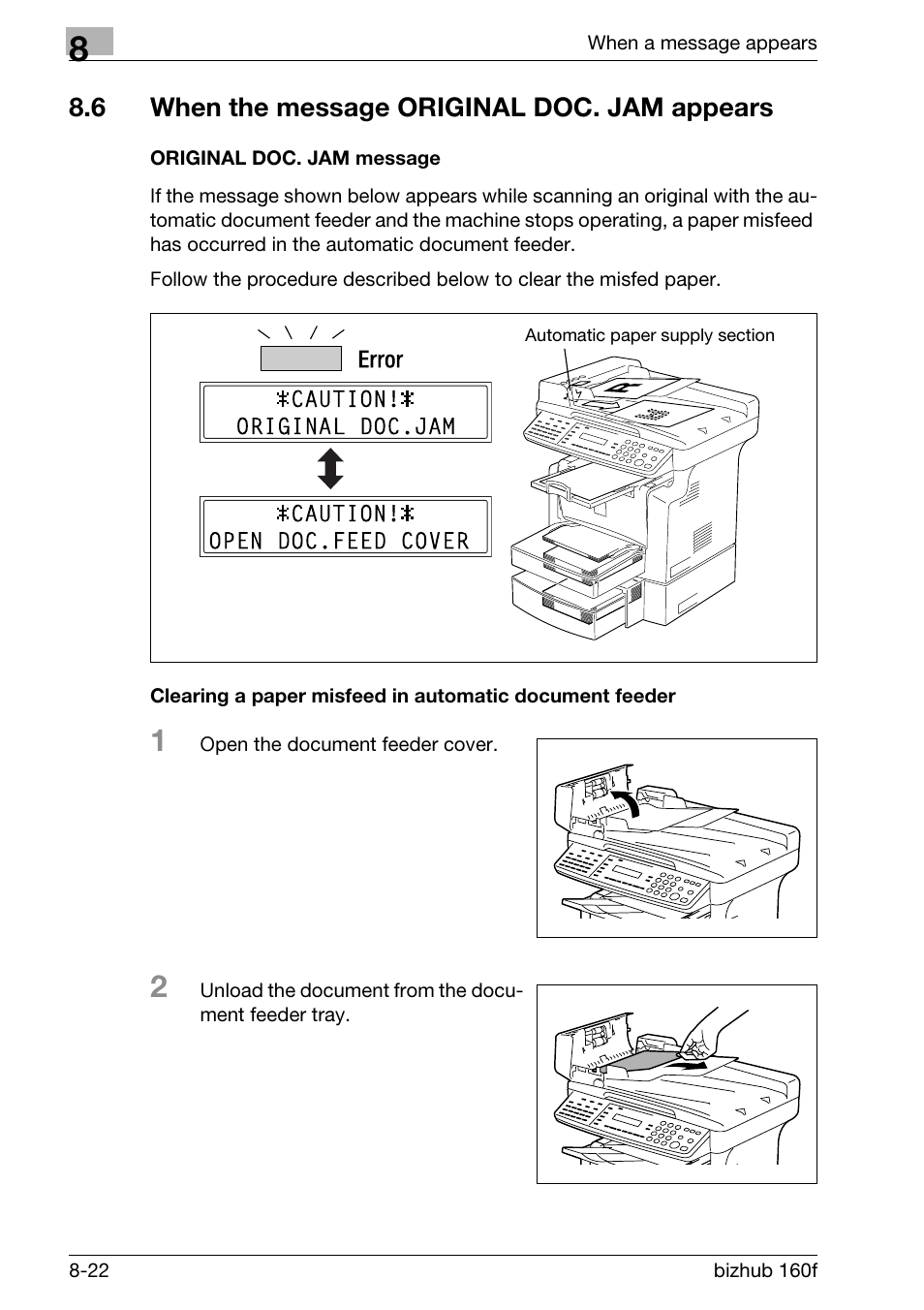 6 when the message original doc. jam appears, Original doc. jam message, When the message original doc. jam appears -22 | Konica Minolta bizhub 160f User Manual | Page 266 / 302