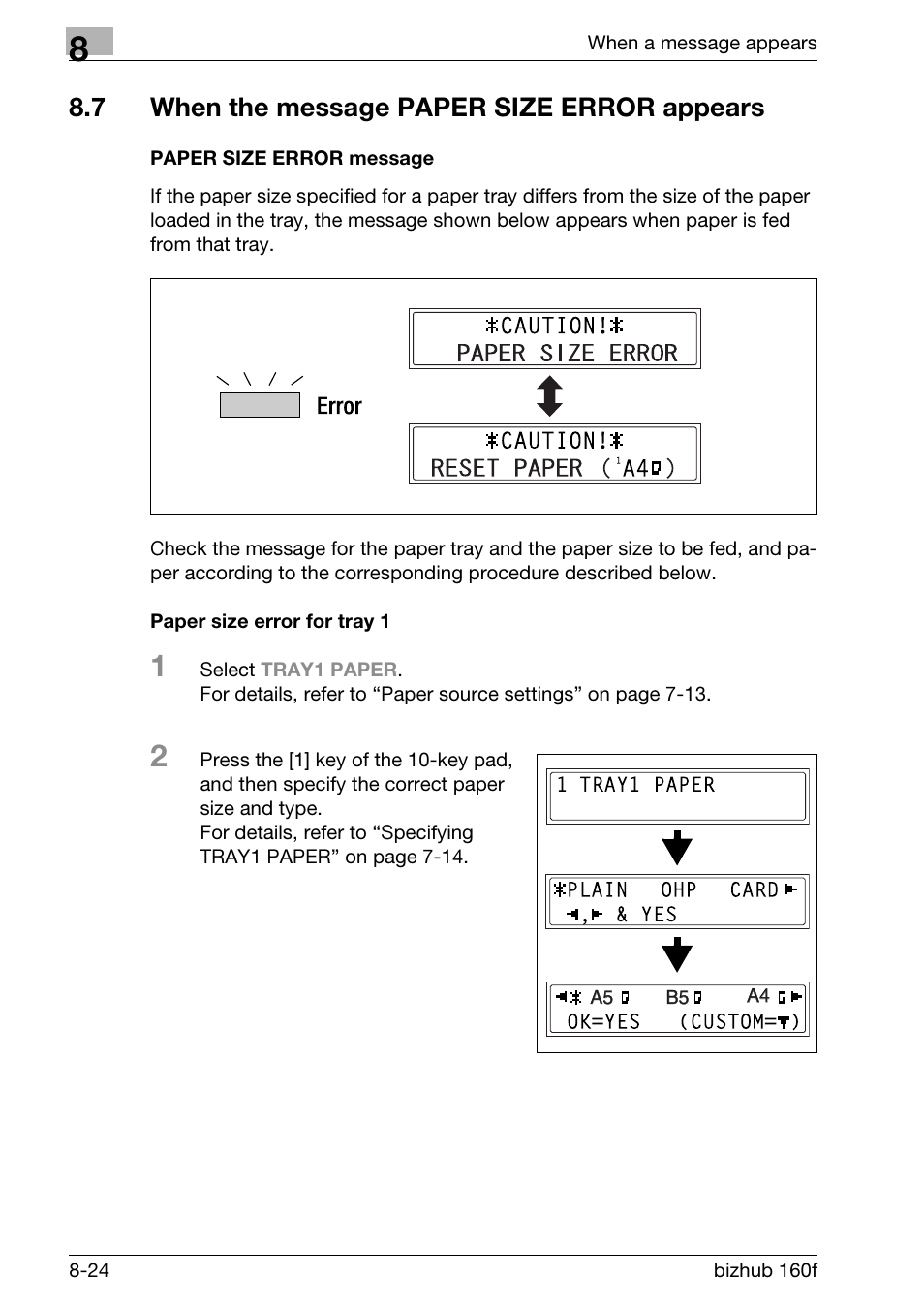 7 when the message paper size error appears, Paper size error message, Paper size error for tray 1 | When the message paper size error appears -24 | Konica Minolta bizhub 160f User Manual | Page 268 / 302