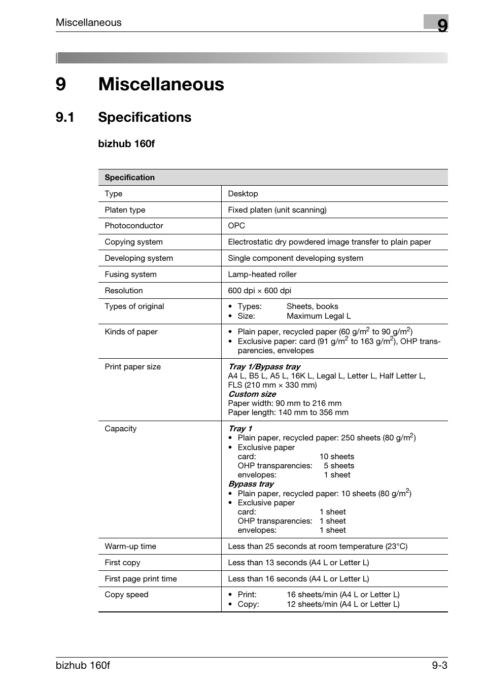 9 miscellaneous, 1 specifications, Bizhub 160f | Miscellaneous, Specifications -3, Bizhub 160f -3, 9miscellaneous | Konica Minolta bizhub 160f User Manual | Page 283 / 302