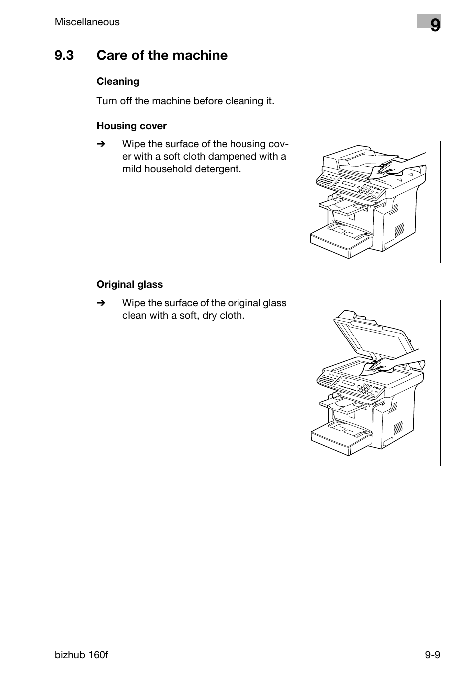 3 care of the machine, Cleaning, Housing cover | Original glass, Care of the machine -9, Cleaning -9 housing cover -9 original glass -9, P. 9-9 | Konica Minolta bizhub 160f User Manual | Page 289 / 302