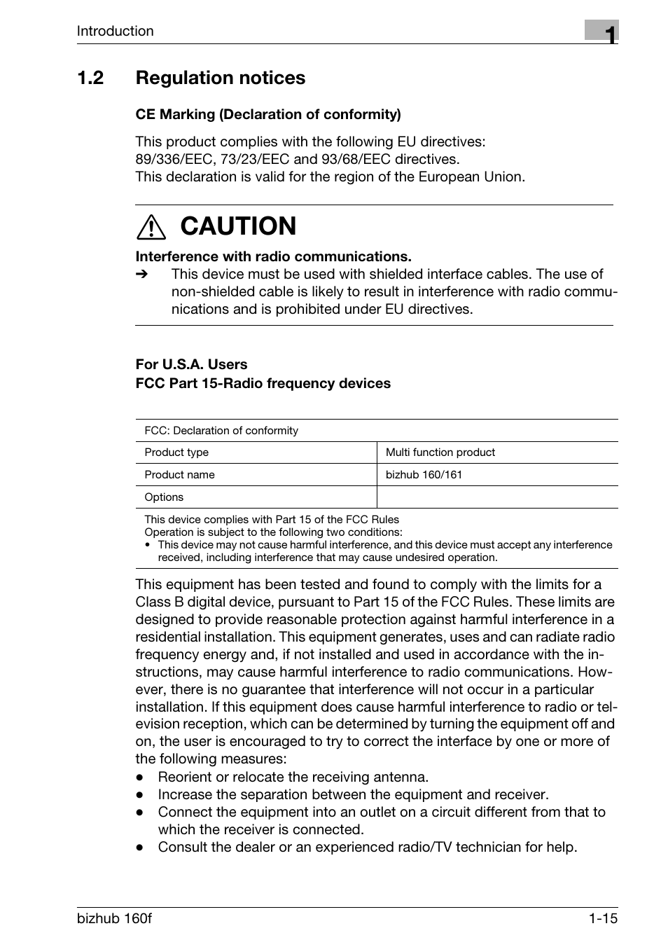 2 regulation notices, Ce marking (declaration of conformity), Regulation notices -15 | 7 caution | Konica Minolta bizhub 160f User Manual | Page 29 / 302