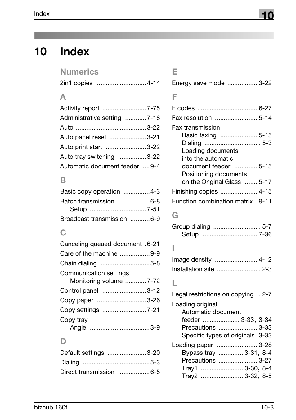 10 index, Numerics | Konica Minolta bizhub 160f User Manual | Page 299 / 302