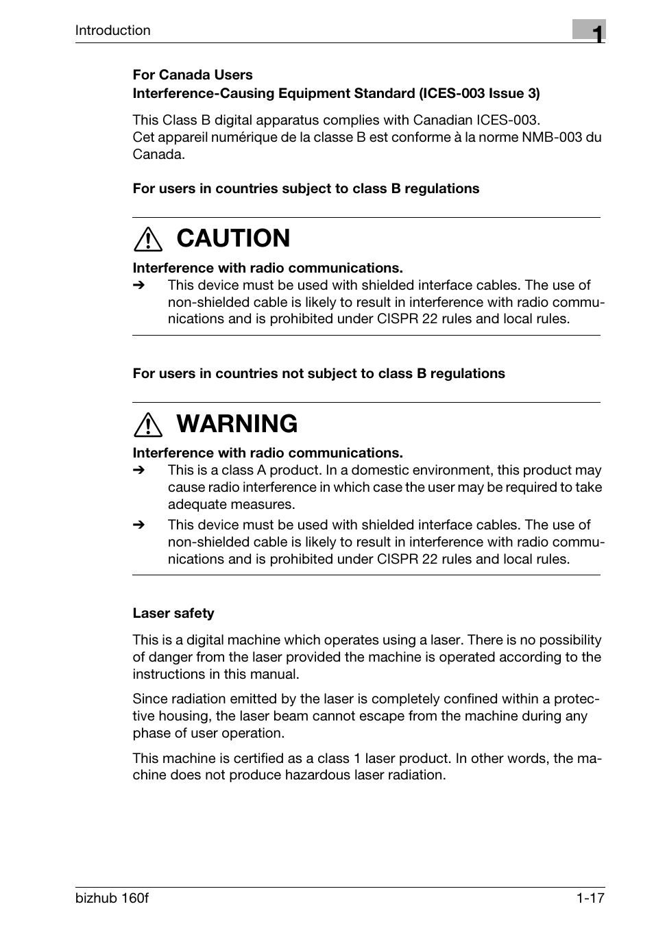 Laser safety, 7 caution, 7 warning | Konica Minolta bizhub 160f User Manual | Page 31 / 302
