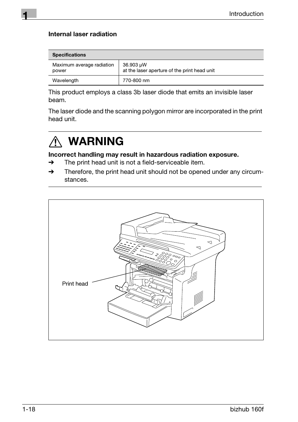 Internal laser radiation, Internal laser radiation -18, 7 warning | Konica Minolta bizhub 160f User Manual | Page 32 / 302