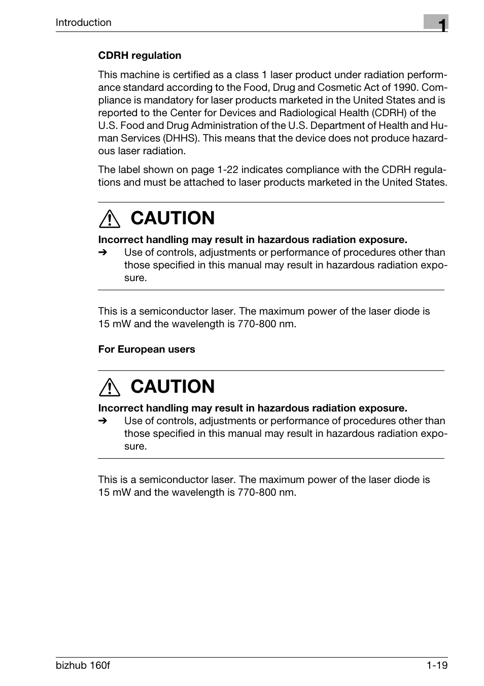 Cdrh regulation, For european users, Cdrh regulation -19 for european users -19 | 7 caution | Konica Minolta bizhub 160f User Manual | Page 33 / 302