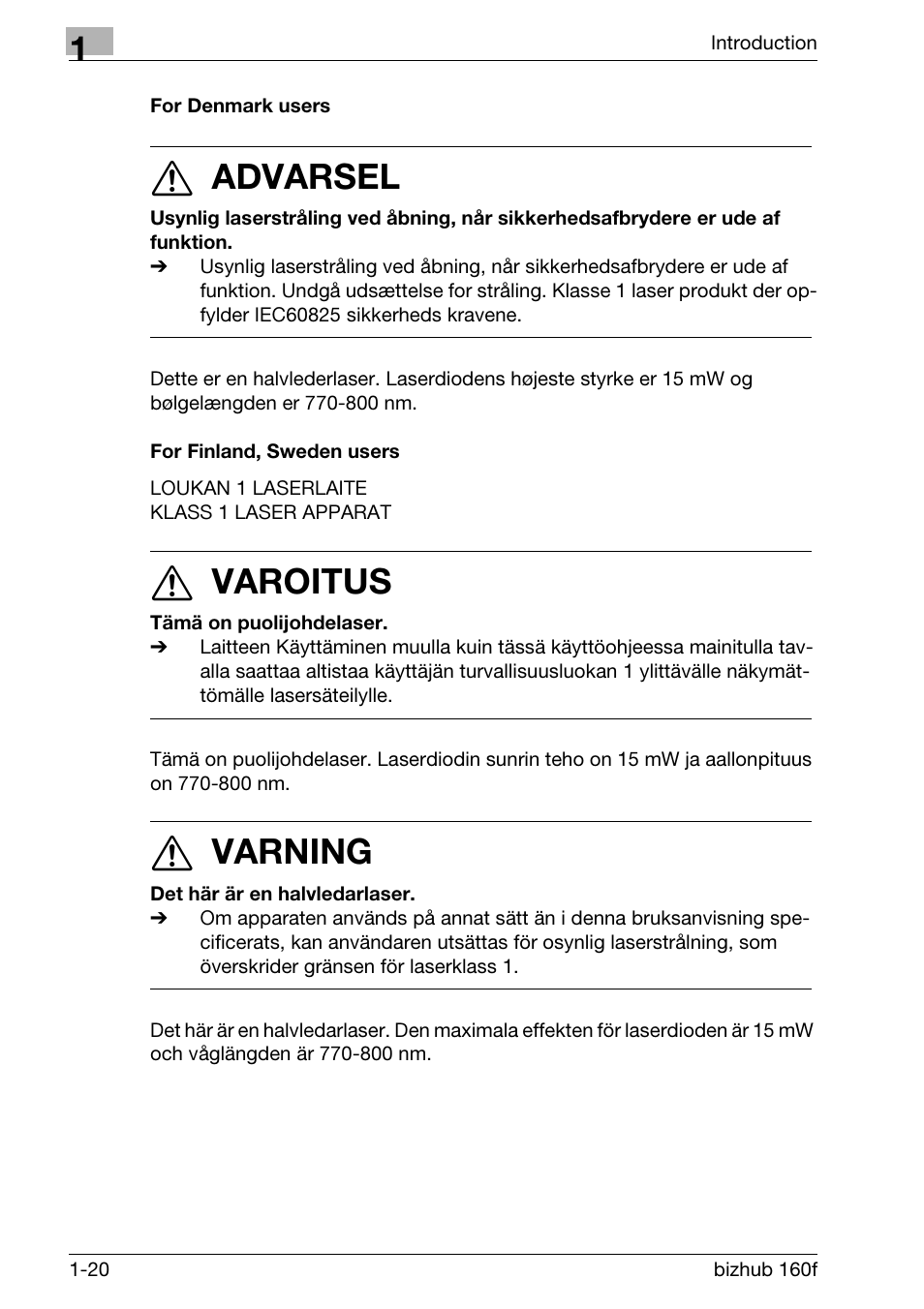 For denmark users, For finland, sweden users, 7 advarsel | 7 varoitus, 7 varning | Konica Minolta bizhub 160f User Manual | Page 34 / 302