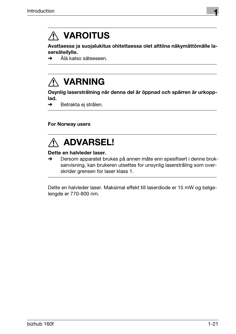 For norway users, For norway users -21, 7 varoitus | 7 varning, 7 advarsel | Konica Minolta bizhub 160f User Manual | Page 35 / 302