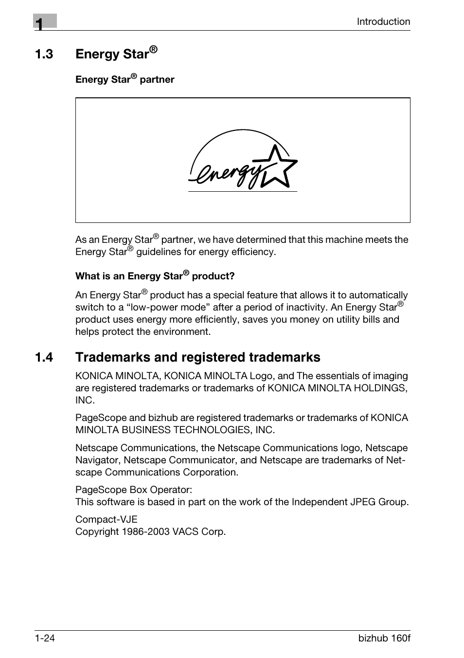 3 energy star, Energy star® partner, What is an energy star® product | 4 trademarks and registered trademarks, Energy star® -24, Trademarks and registered trademarks -24 | Konica Minolta bizhub 160f User Manual | Page 38 / 302