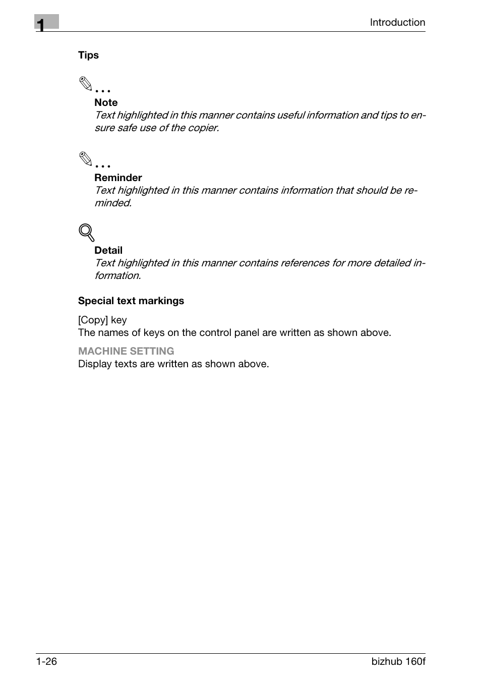 Tips, Special text markings, Tips -26 special text markings -26 | Konica Minolta bizhub 160f User Manual | Page 40 / 302