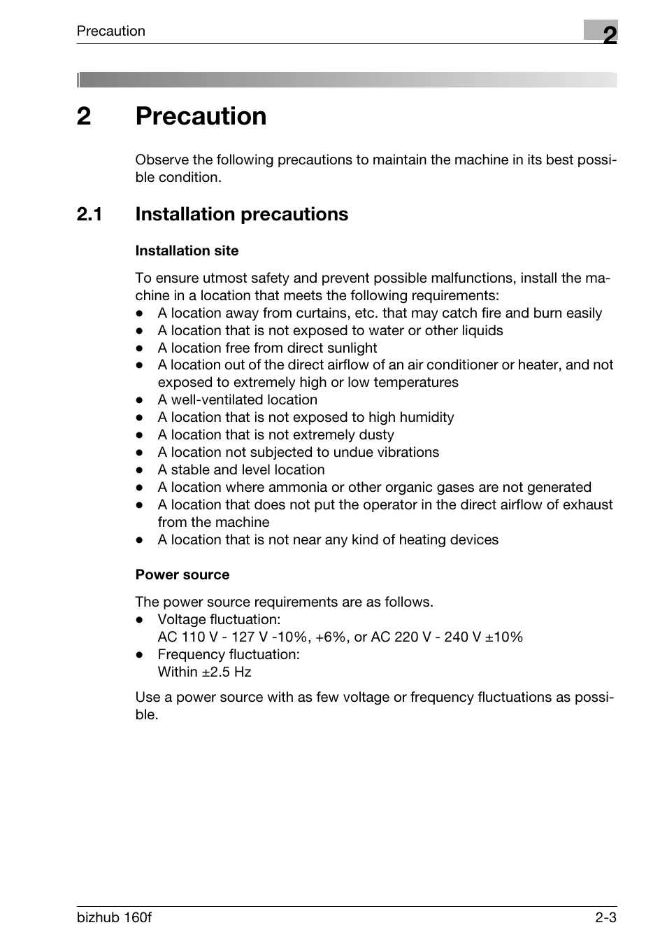 2 precaution, 1 installation precautions, Installation site | Power source, Precaution, Installation precautions -3, Installation site -3 power source -3, 2precaution | Konica Minolta bizhub 160f User Manual | Page 45 / 302
