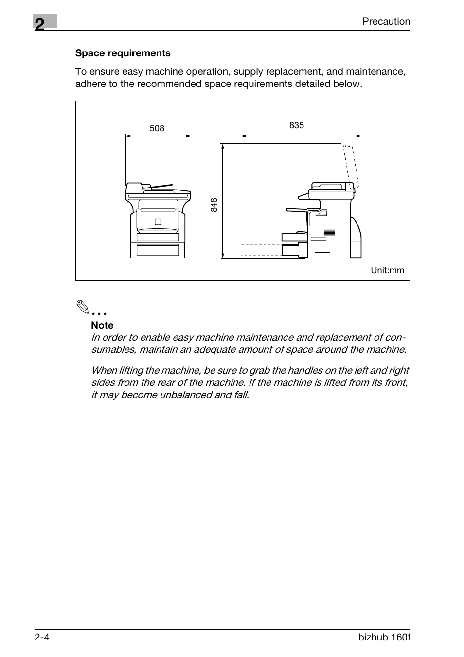 Space requirements, Space requirements -4 | Konica Minolta bizhub 160f User Manual | Page 46 / 302