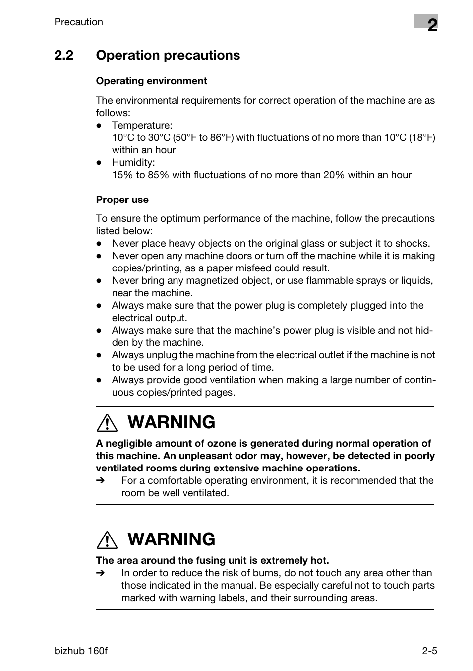 2 operation precautions, Operating environment, Proper use | Operation precautions -5, Operating environment -5 proper use -5, 7 warning | Konica Minolta bizhub 160f User Manual | Page 47 / 302