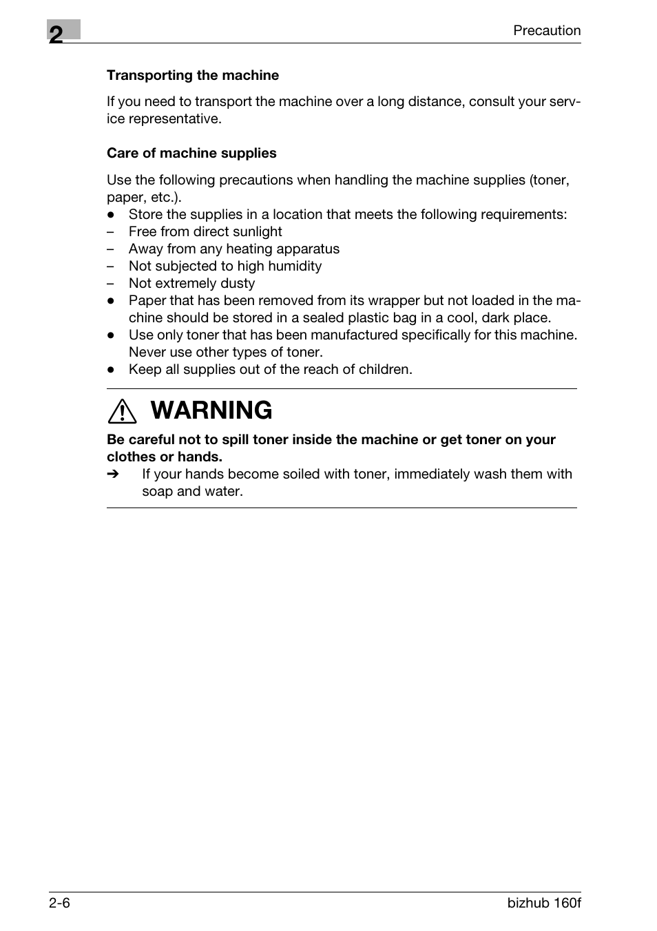 Transporting the machine, Care of machine supplies, 7 warning | Konica Minolta bizhub 160f User Manual | Page 48 / 302