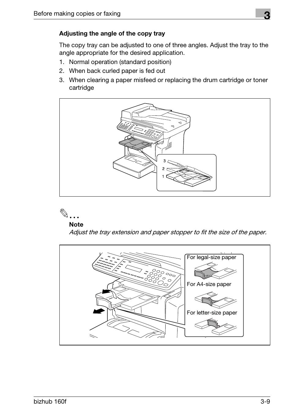 Adjusting the angle of the copy tray, Adjusting the angle of the copy tray -9, P. 3-9) | Konica Minolta bizhub 160f User Manual | Page 59 / 302