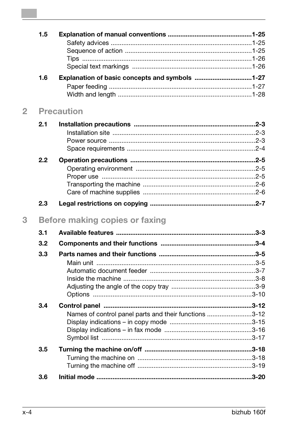 2precaution, 3before making copies or faxing | Konica Minolta bizhub 160f User Manual | Page 6 / 302