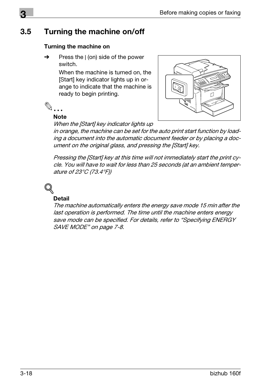 5 turning the machine on/off, Turning the machine on, Turning the machine on/off -18 | Turning the machine on -18, P. 3-18) | Konica Minolta bizhub 160f User Manual | Page 68 / 302