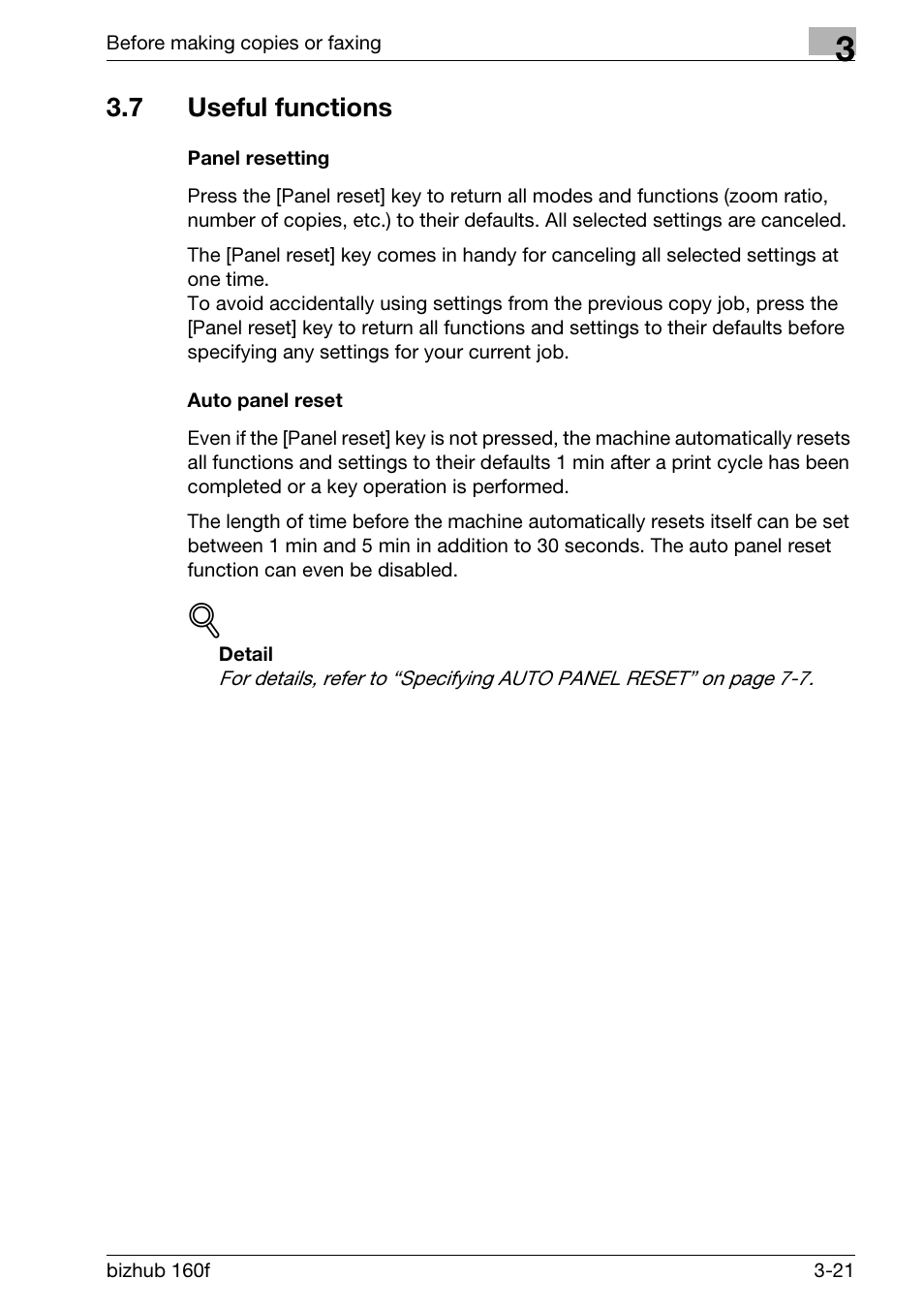 7 useful functions, Panel resetting, Auto panel reset | Useful functions -21, Panel resetting -21 auto panel reset -21 | Konica Minolta bizhub 160f User Manual | Page 71 / 302