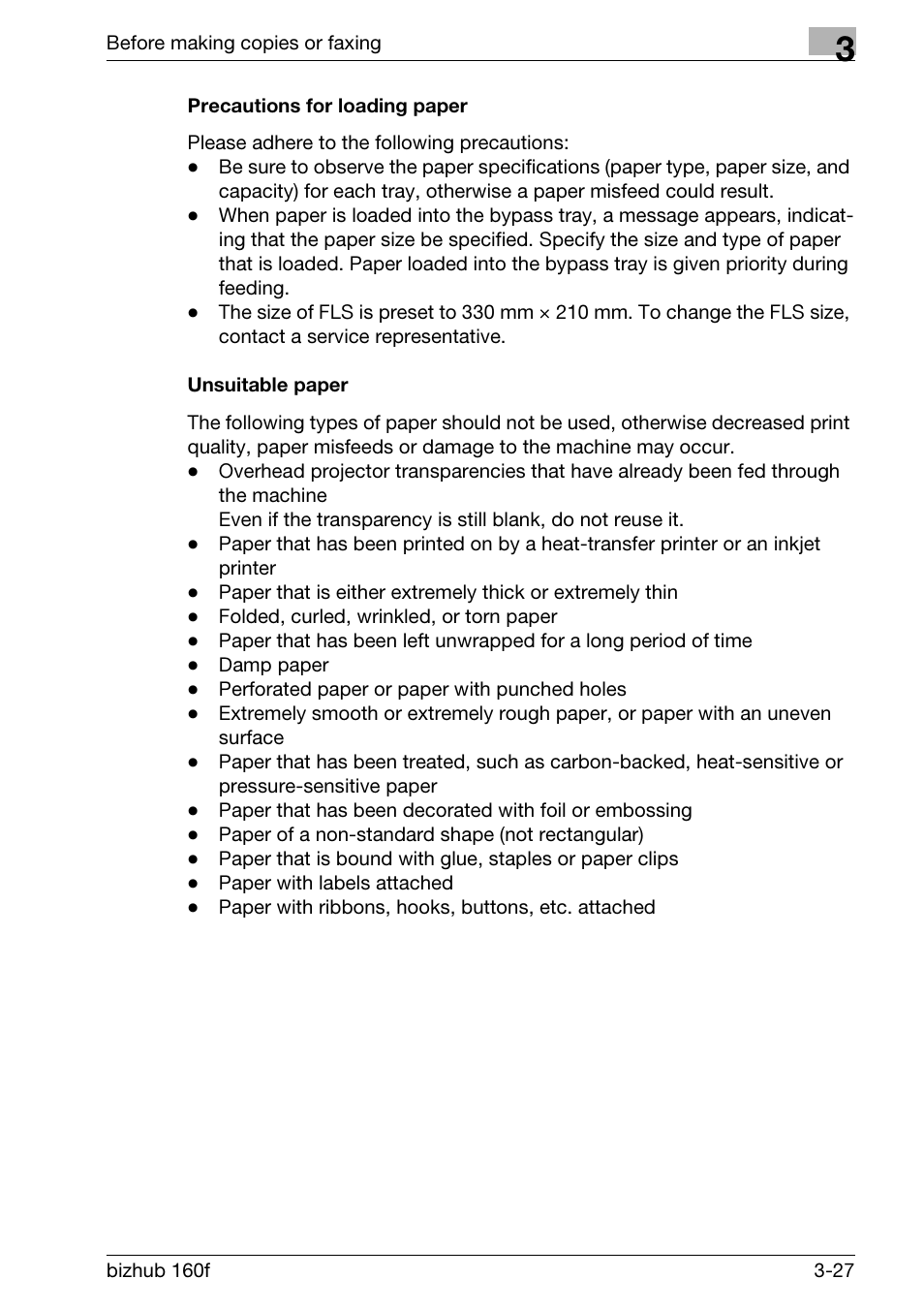 Precautions for loading paper, Unsuitable paper | Konica Minolta bizhub 160f User Manual | Page 77 / 302