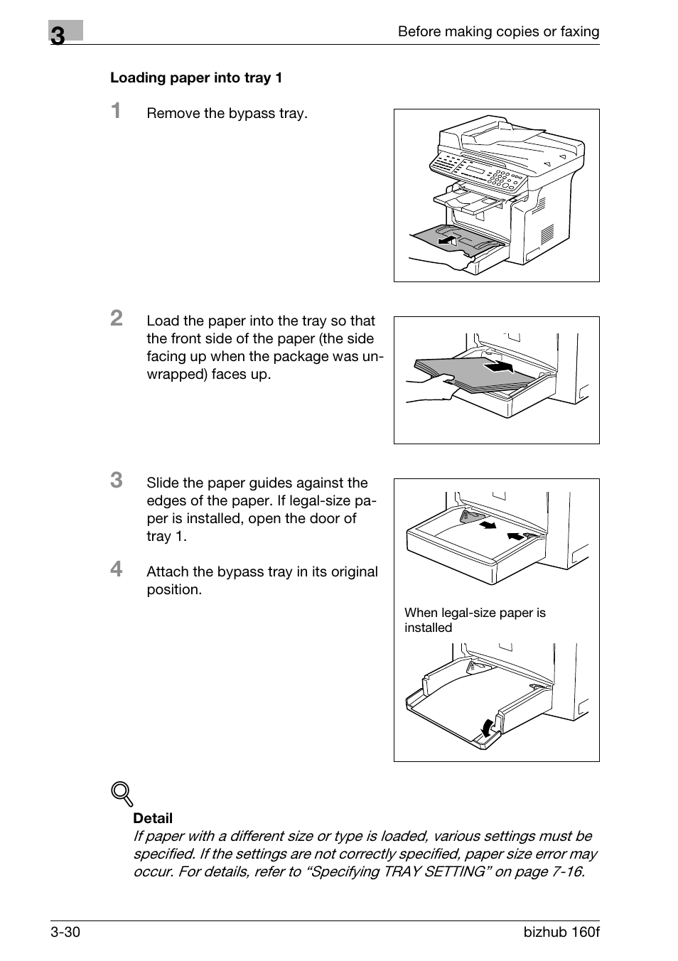 Loading paper into tray 1, Loading paper into tray 1 -30 | Konica Minolta bizhub 160f User Manual | Page 80 / 302