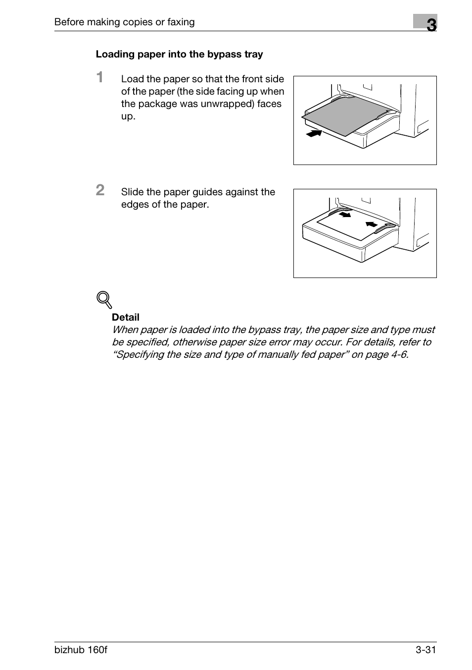 Loading paper into the bypass tray, Loading paper into the bypass tray -31, Ed. (p. 3-31) | Konica Minolta bizhub 160f User Manual | Page 81 / 302