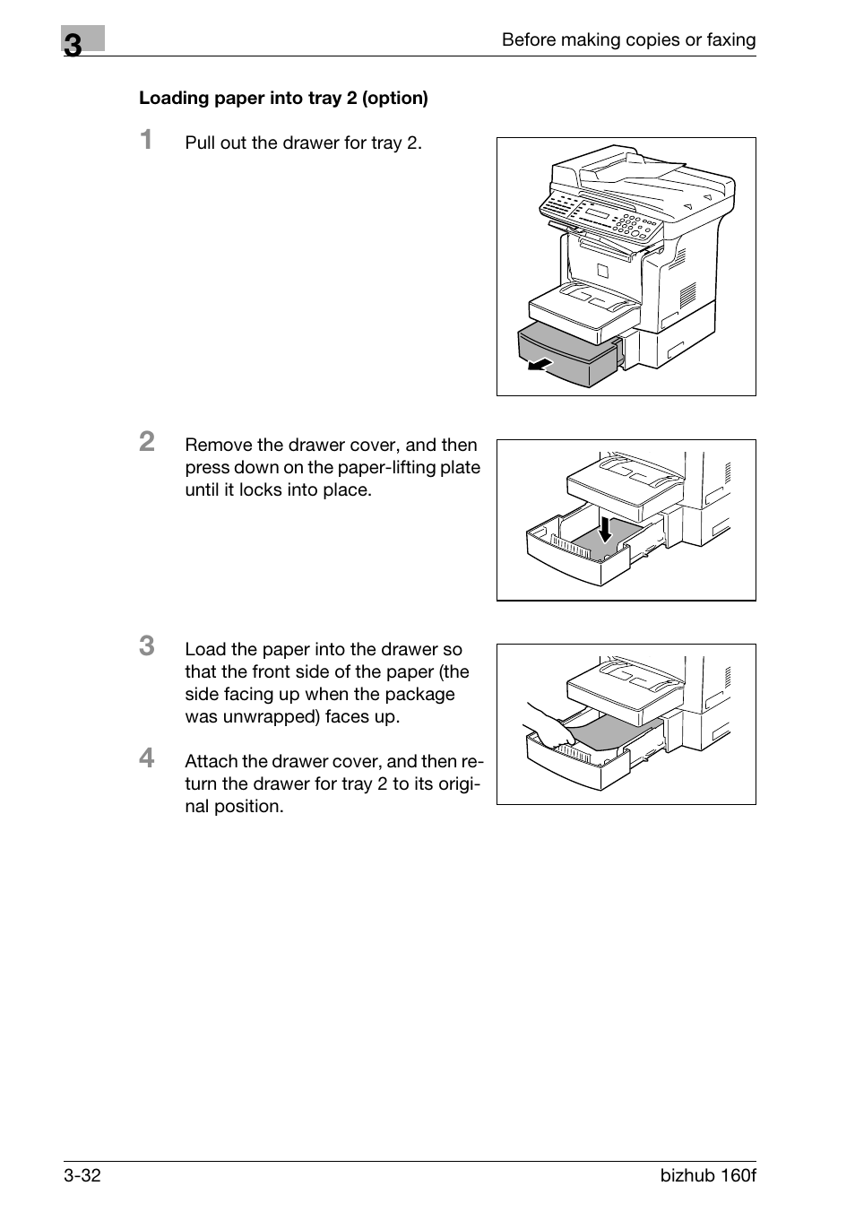 Loading paper into tray 2 (option), Loading paper into tray 2 (option) -32 | Konica Minolta bizhub 160f User Manual | Page 82 / 302