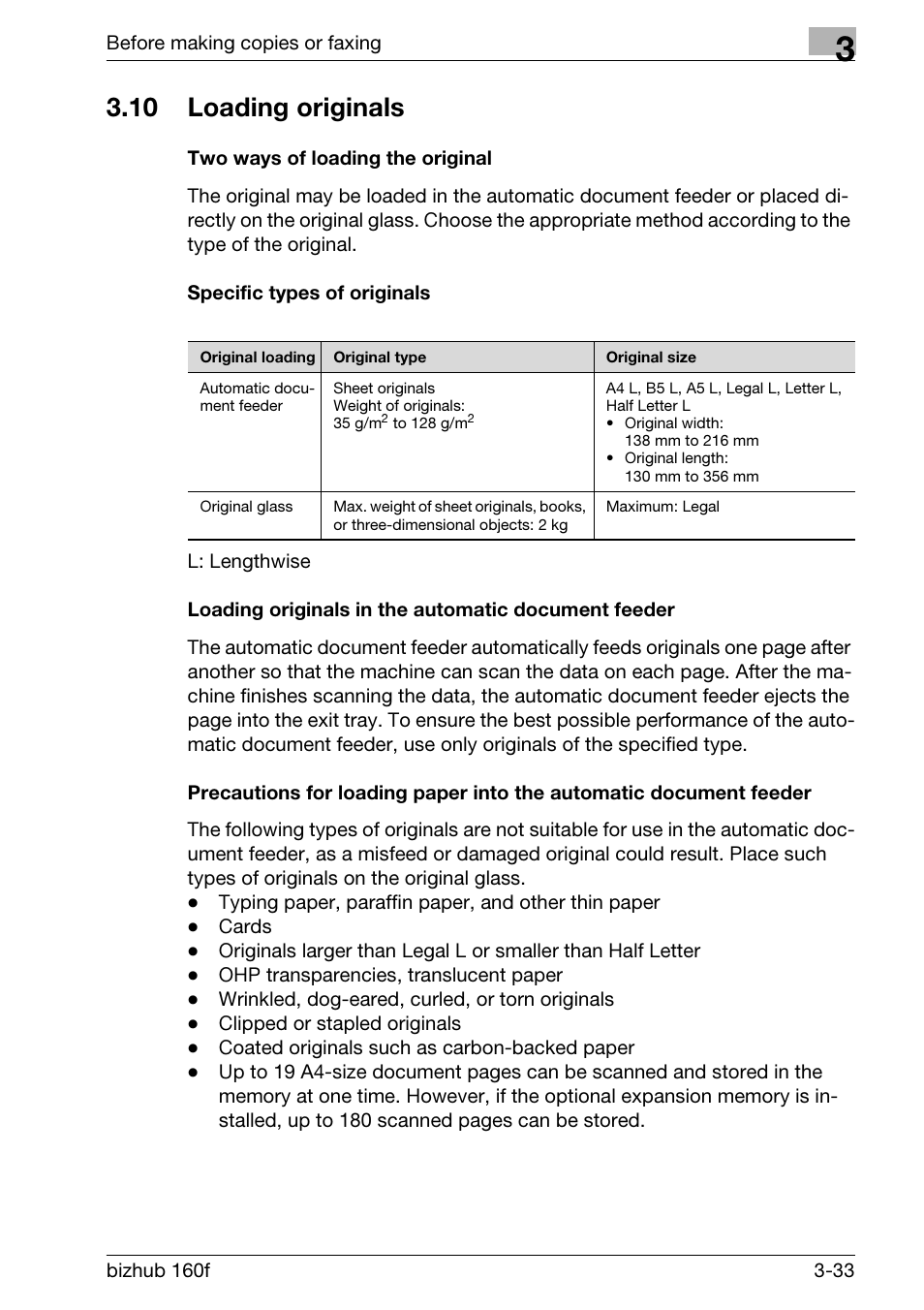 10 loading originals, Two ways of loading the original, Specific types of originals | Loading originals in the automatic document feeder, Loading originals -33 | Konica Minolta bizhub 160f User Manual | Page 83 / 302