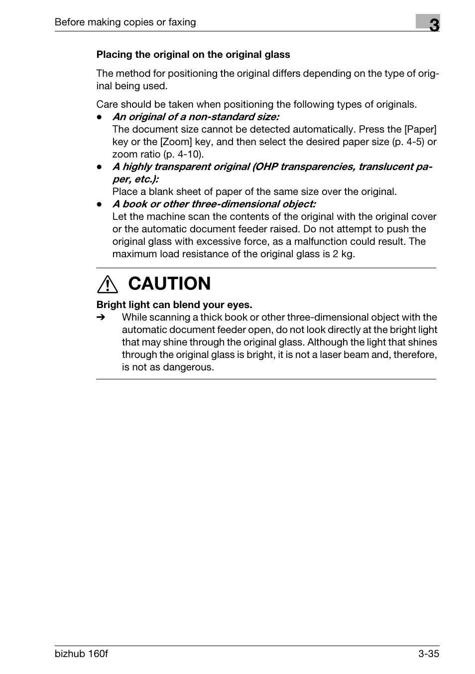 Placing the original on the original glass, Placing the original on the original glass -35, P. 3-35 | 7 caution | Konica Minolta bizhub 160f User Manual | Page 85 / 302