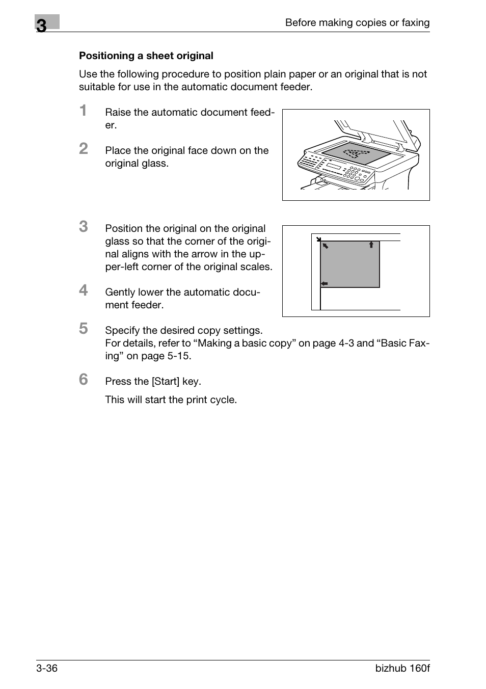 Positioning a sheet original, Positioning a sheet original -36 | Konica Minolta bizhub 160f User Manual | Page 86 / 302