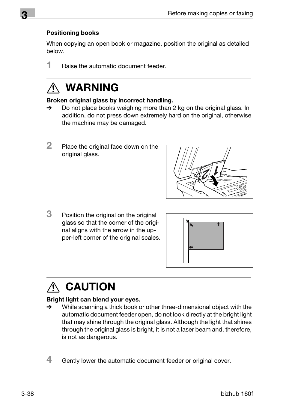 Positioning books, Positioning books -38, 7 warning | 7 caution | Konica Minolta bizhub 160f User Manual | Page 88 / 302