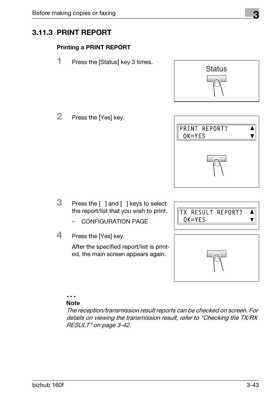 3 print report, Printing a print report, Print report -43 printing a print report -43 | Konica Minolta bizhub 160f User Manual | Page 93 / 302