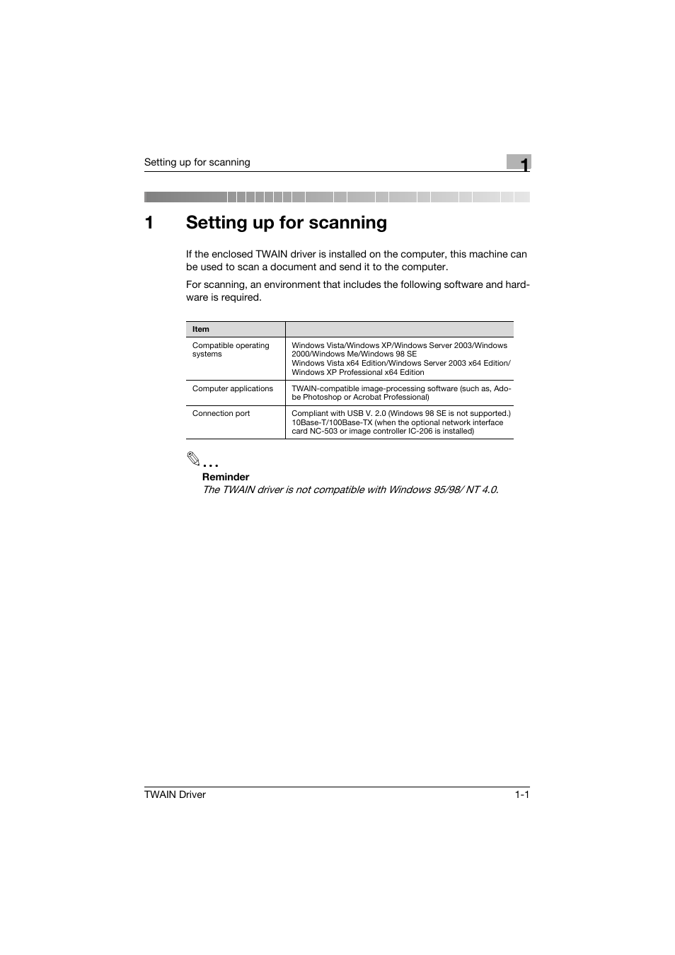 1 setting up for scanning, Setting up for scanning, 1setting up for scanning | Konica Minolta TWIN Driver User Manual | Page 10 / 50