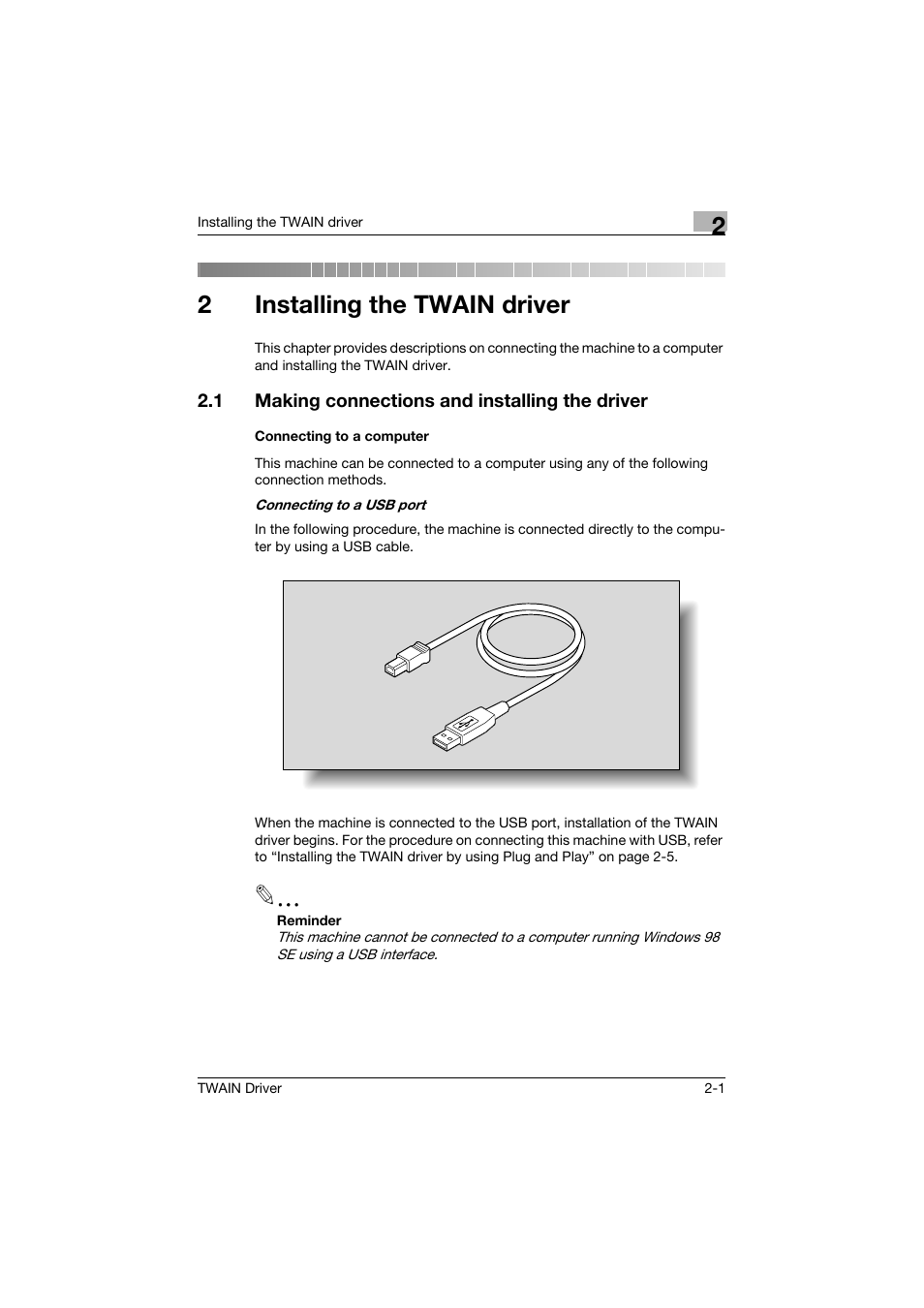 2 installing the twain driver, 1 making connections and installing the driver, Connecting to a computer | Installing the twain driver, Making connections and installing the driver -1, Connecting to a computer -1, 2installing the twain driver | Konica Minolta TWIN Driver User Manual | Page 12 / 50