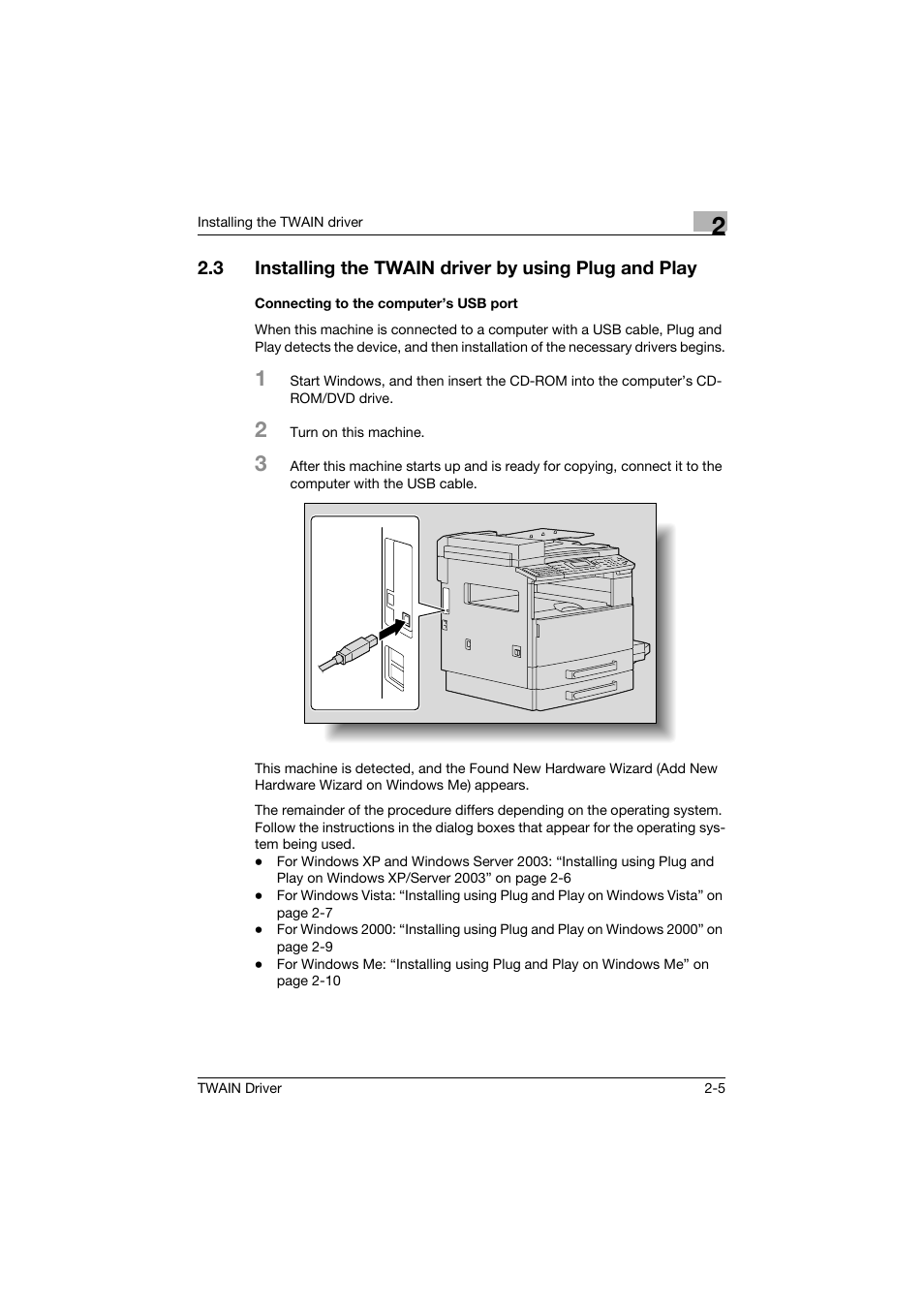 Connecting to the computer’s usb port, Connecting to the computer’s usb port -5 | Konica Minolta TWIN Driver User Manual | Page 16 / 50