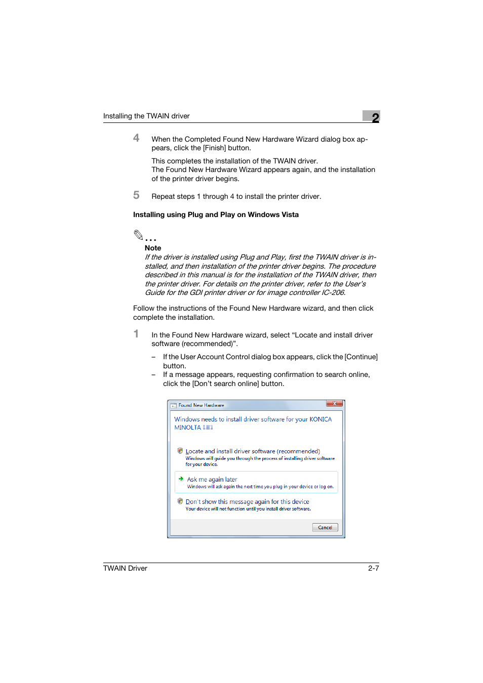 Installing using plug and play on windows vista, Installing using plug and play on windows vista -7 | Konica Minolta TWIN Driver User Manual | Page 18 / 50