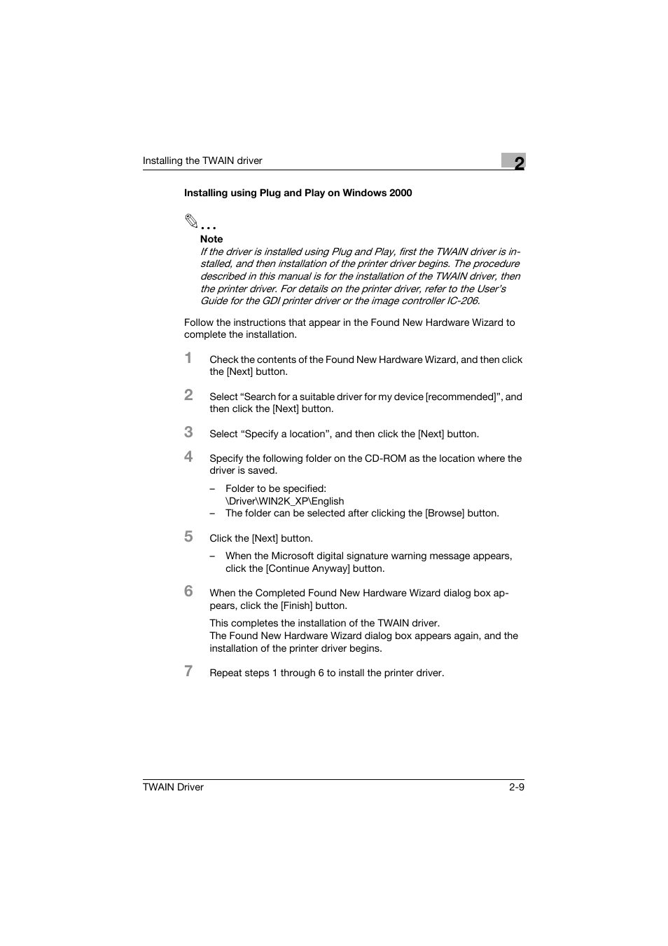 Installing using plug and play on windows 2000, Installing using plug and play on windows 2000 -9 | Konica Minolta TWIN Driver User Manual | Page 20 / 50