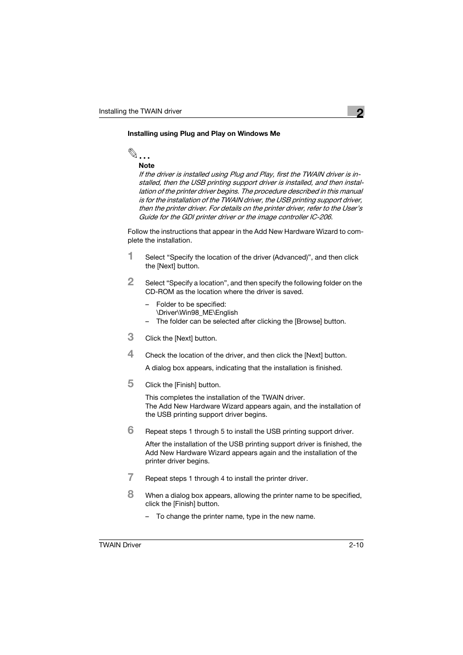 Installing using plug and play on windows me, Installing using plug and play on windows me -10 | Konica Minolta TWIN Driver User Manual | Page 21 / 50